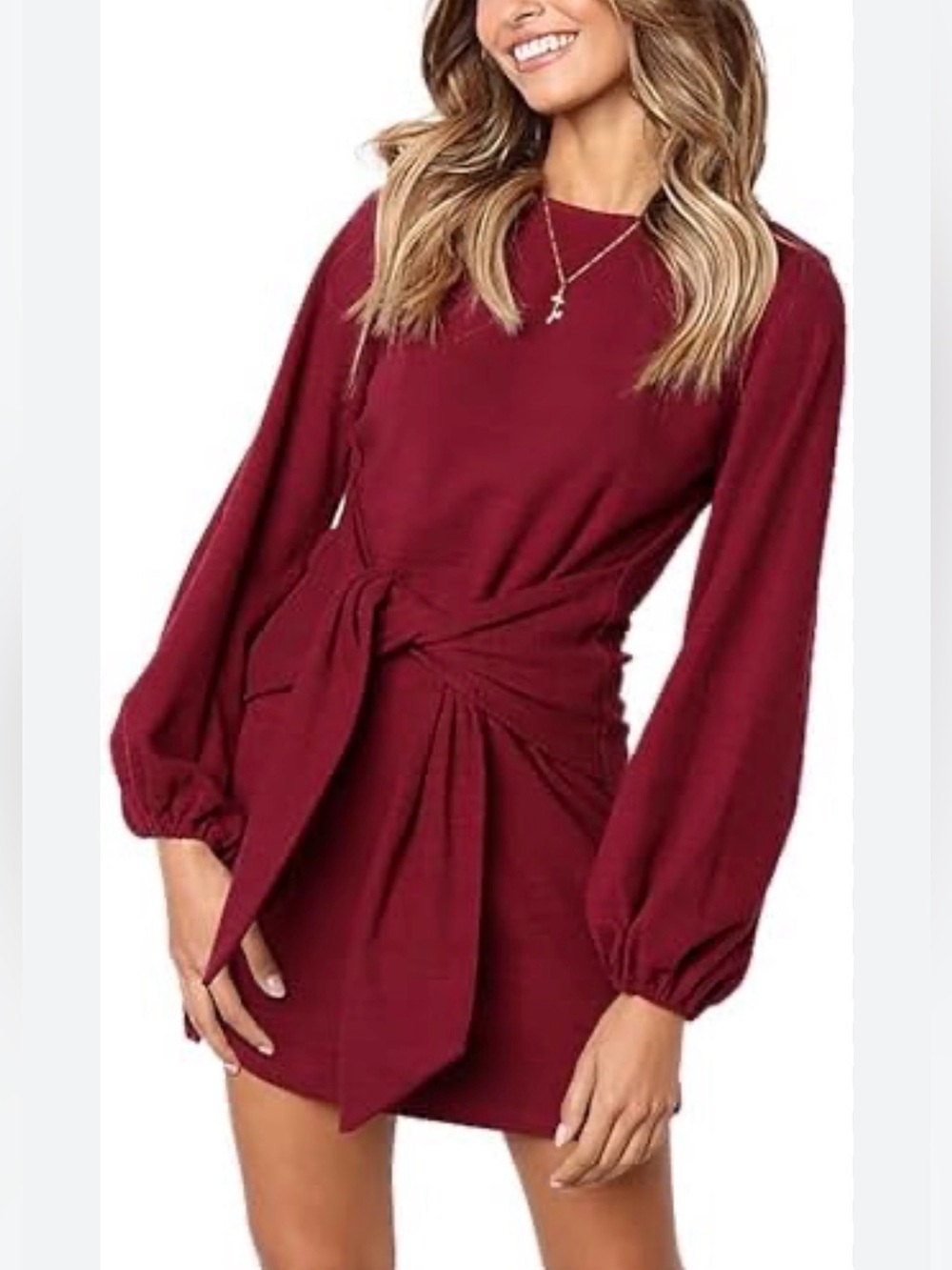 Long Sleeve Short Dress in Cranberry Red, Size Medium